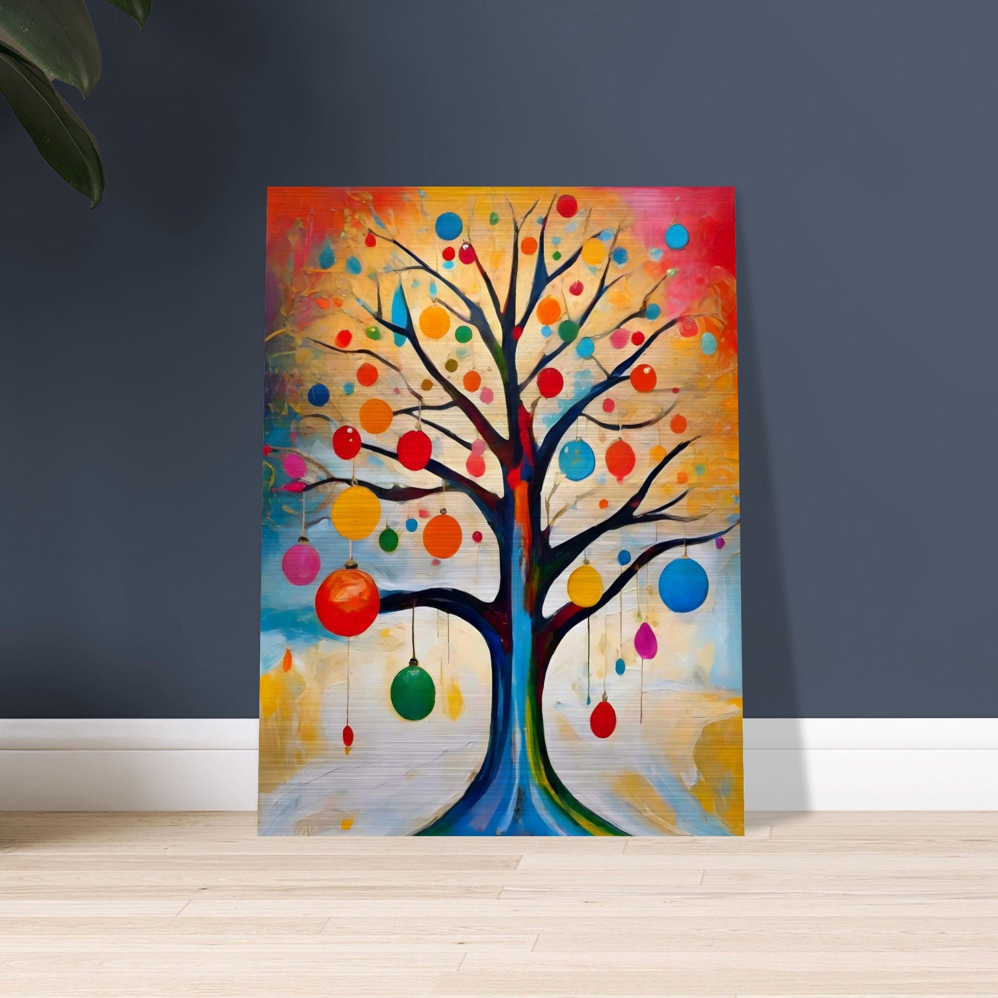 A vibrant painting of a bare tree adorned with colorful ornaments, set against a glowing background of warm yellows, oranges, and blues.