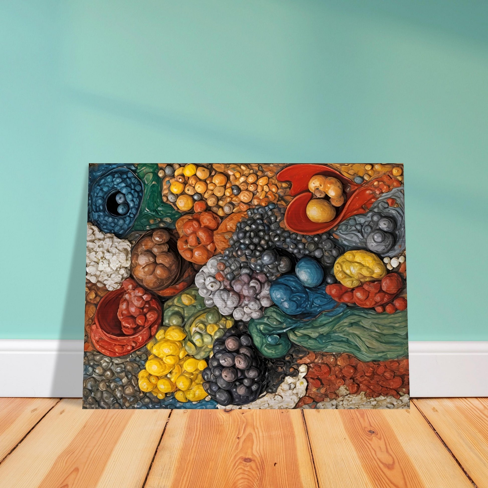 A vibrant, textured composition of assorted fruits, vegetables, and grains in a dynamic arrangement, bursting with rich colors and organic forms.