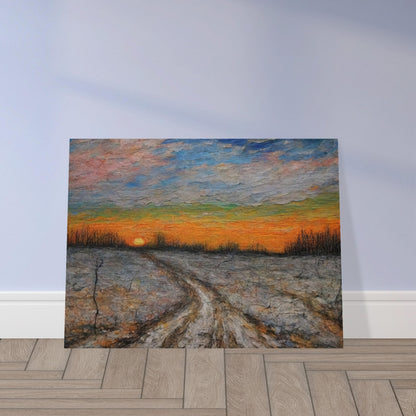 A painting of a winding dirt road at sunset, with vibrant colors filling the sky and bare trees lining the landscape.