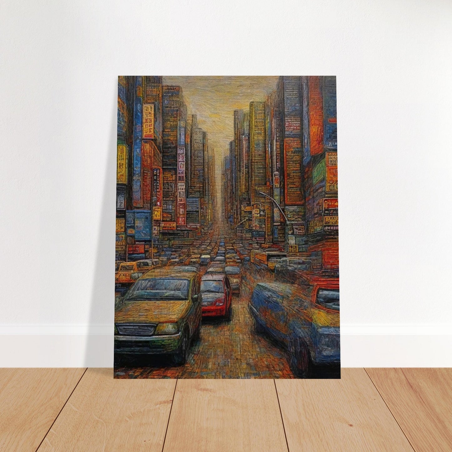 "A detailed painting of a busy urban street filled with cars and surrounded by towering skyscrapers, neon signs, and a warm, hazy sky overhead."