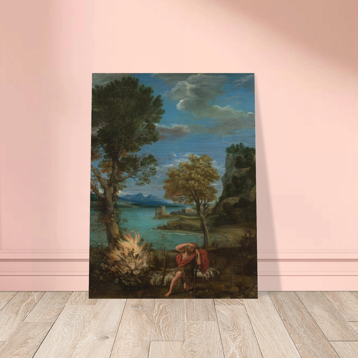 Moses kneels near the burning bush in a classical landscape with trees, sheep, lake, and distant mountains.