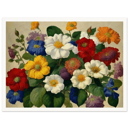 A lush bouquet of multicolored flowers with large, vibrant blooms, set against a soft, neutral background.