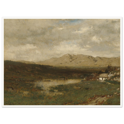 A rural cottage sits below distant mountains beneath a broad, cloudy sky in the Irish countryside.