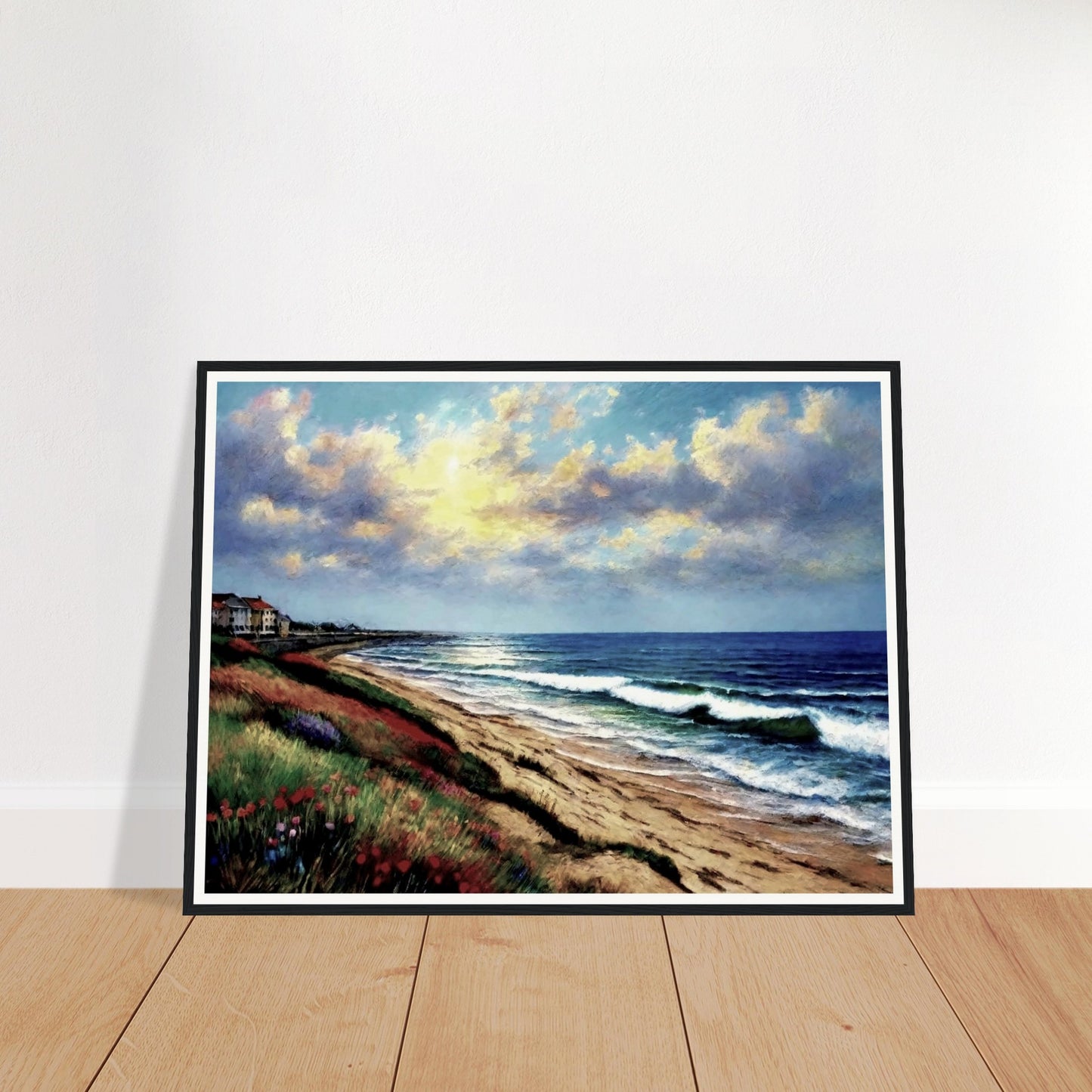 A serene painting of a beach at sunset, with gentle waves rolling onto the sand, vibrant grasses, and houses along the distant coastline.