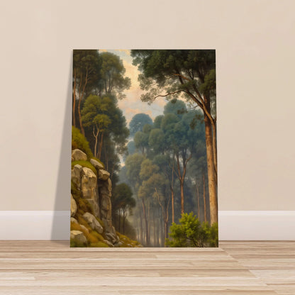 A serene woodland scene with towering pine trees, rocky slopes, soft morning light, and misty forest depth in lush green tones.