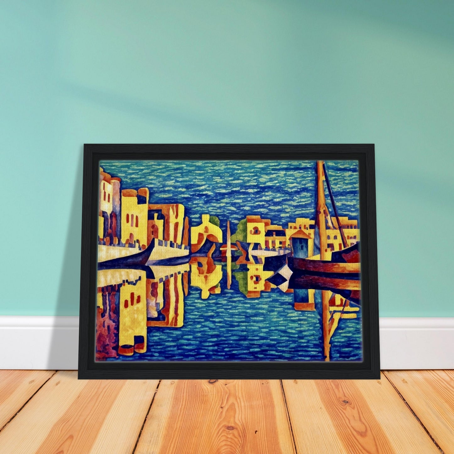 A vibrant depiction of a canal city with golden-hued buildings and gondolas reflecting in deep blue waters, creating a mesmerizing mirrored effect.