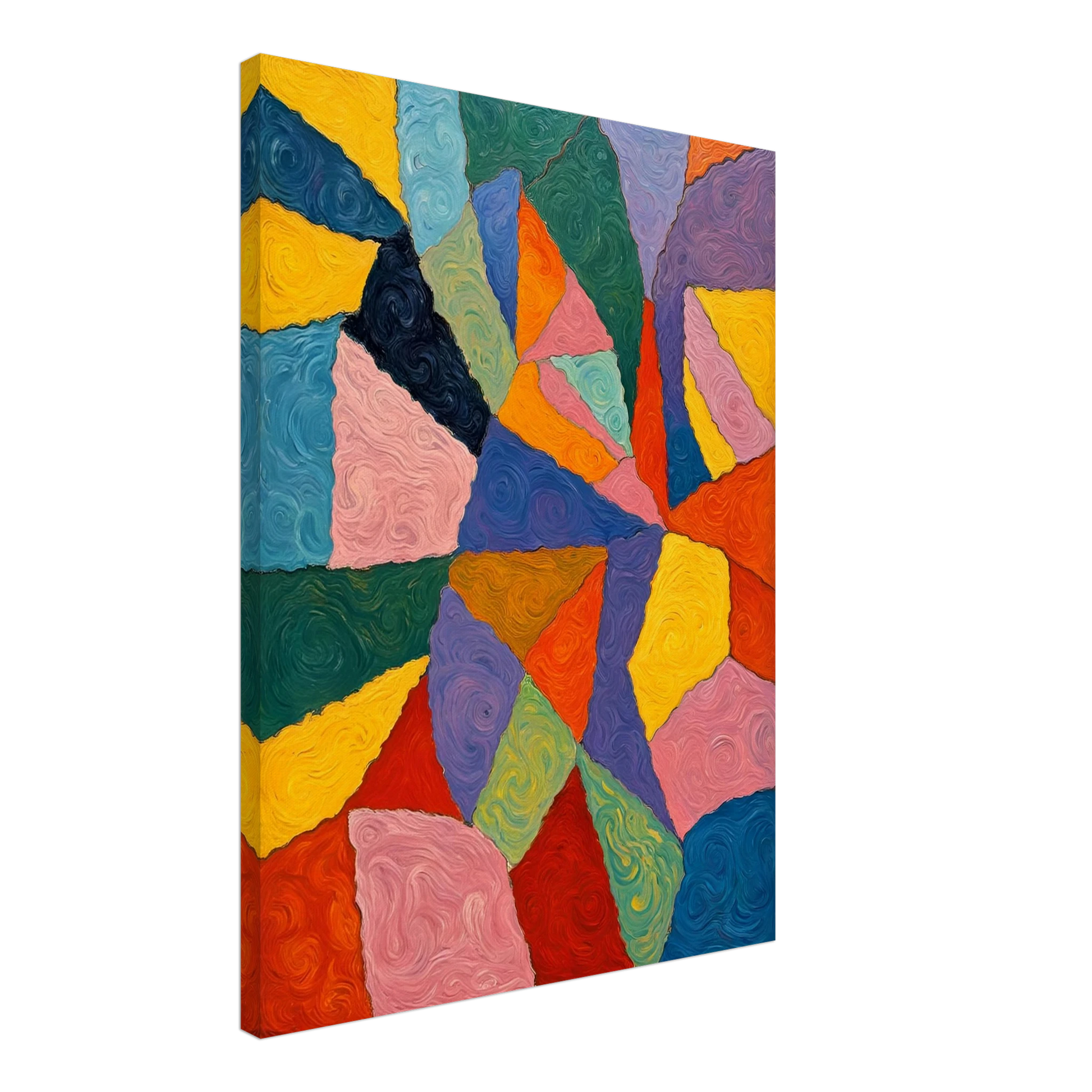 Vivid oil painting with swirling, colorful shapes in bold primary hues forming an intricate geometric mosaic.