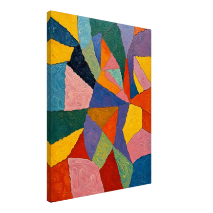 Vivid oil painting with swirling, colorful shapes in bold primary hues forming an intricate geometric mosaic.