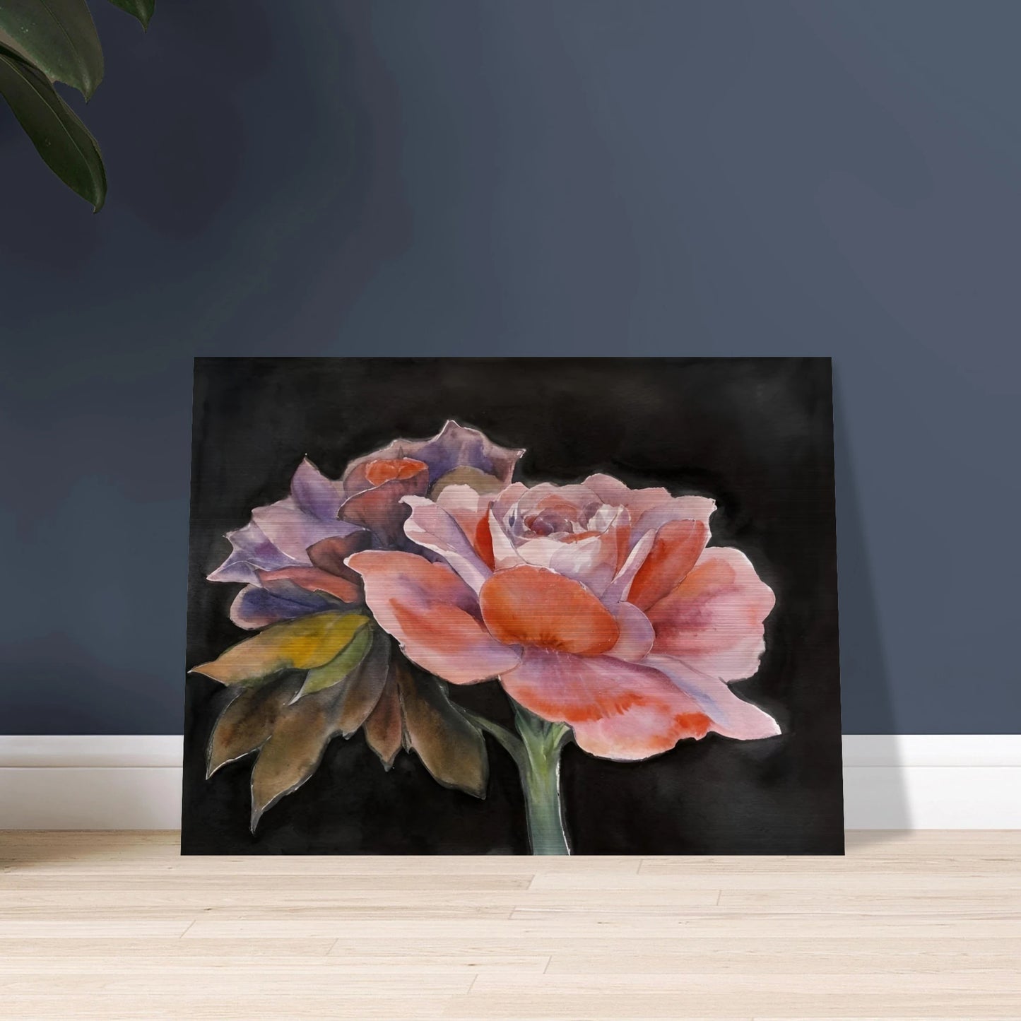 Two delicate watercolor roses with soft pink, purple, and peach tones bloom vividly against a dark background.