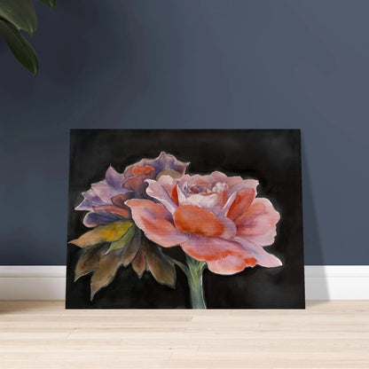 Two delicate watercolor roses with soft pink, purple, and peach tones bloom vividly against a dark background.