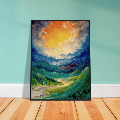 A vibrant watercolor landscape featuring rolling green mountains, a winding river valley, and a dramatic golden glow breaking through deep blue clouds overhead.