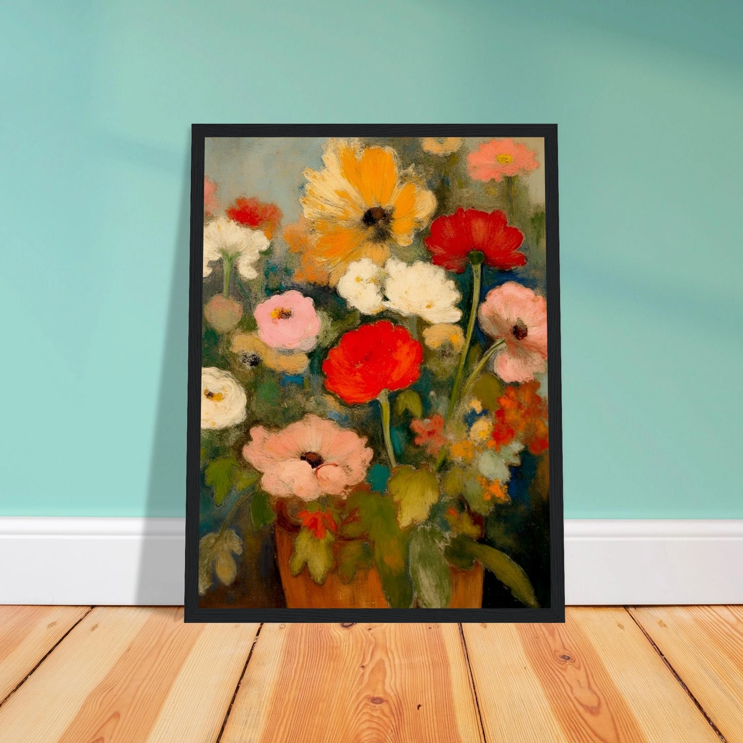 Red, pink, white, and yellow flowers rise from an earthen vase against a soft green-blue background.
