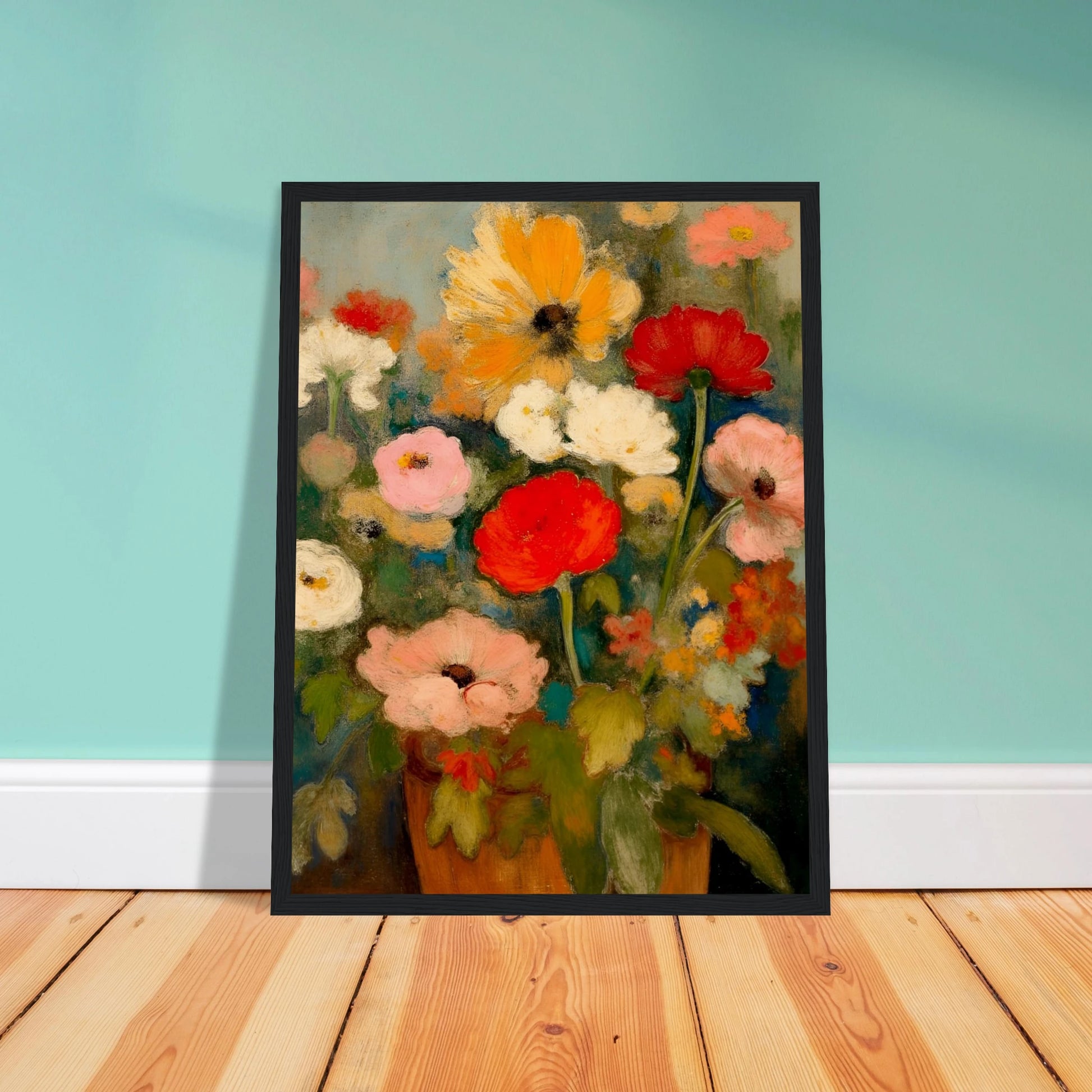 Red, pink, white, and yellow flowers rise from an earthen vase against a soft green-blue background.