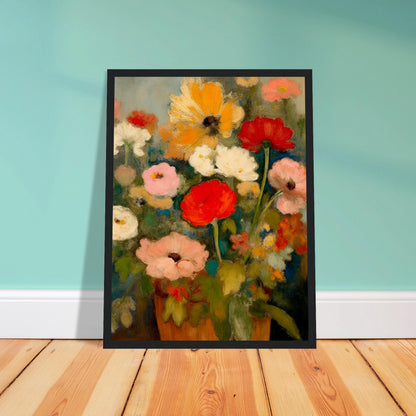 Red, pink, white, and yellow flowers rise from an earthen vase against a soft green-blue background.