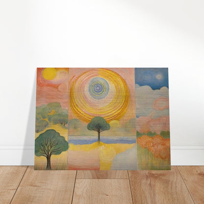 A vibrant painting featuring a large sun at the center, surrounded by abstract trees and colorful landscapes on either side.