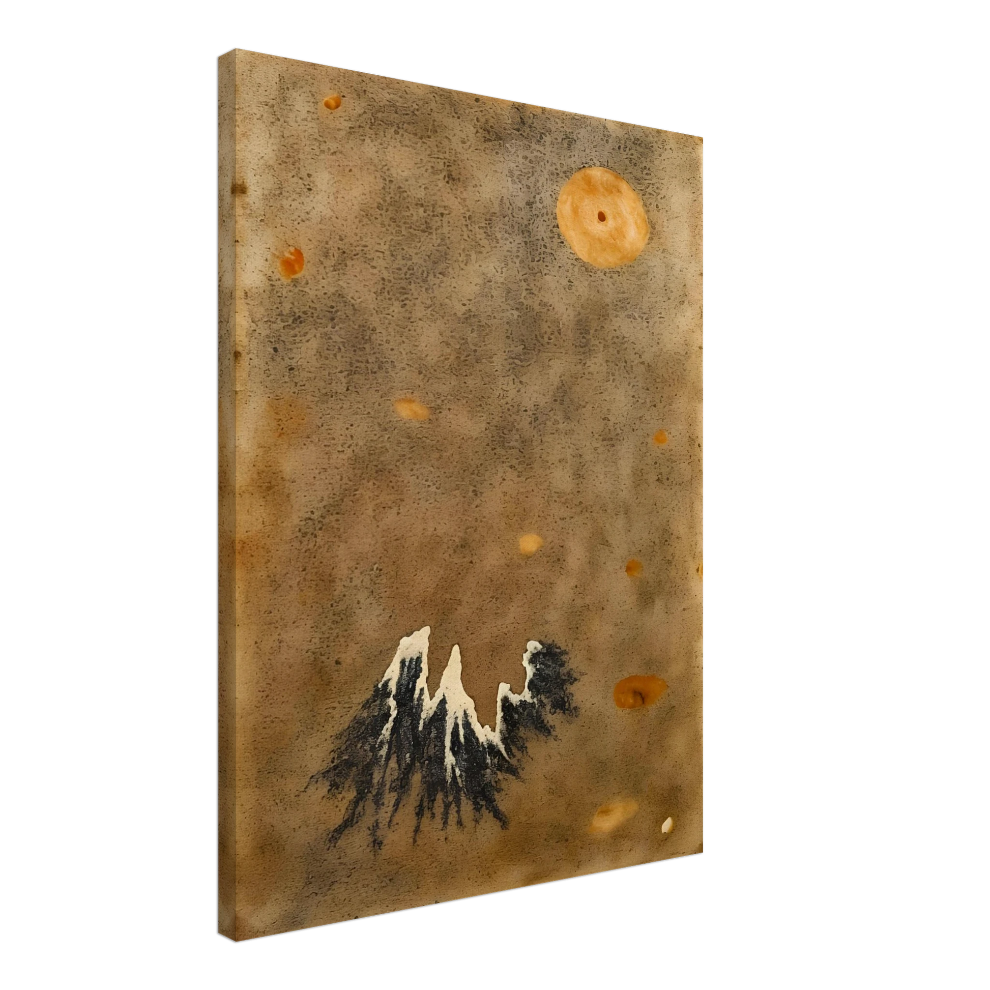 Snow-capped black mountain rises below a hazy orange moon in a muted, dust-toned sky.