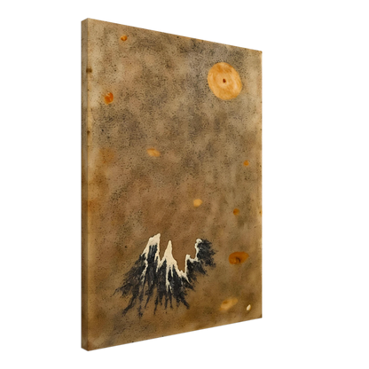 Snow-capped black mountain rises below a hazy orange moon in a muted, dust-toned sky.