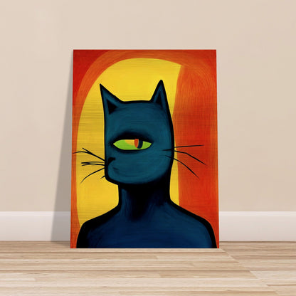 A bold, artistic depiction of a black cat with a single green eye, set against a vibrant orange and yellow abstract background.