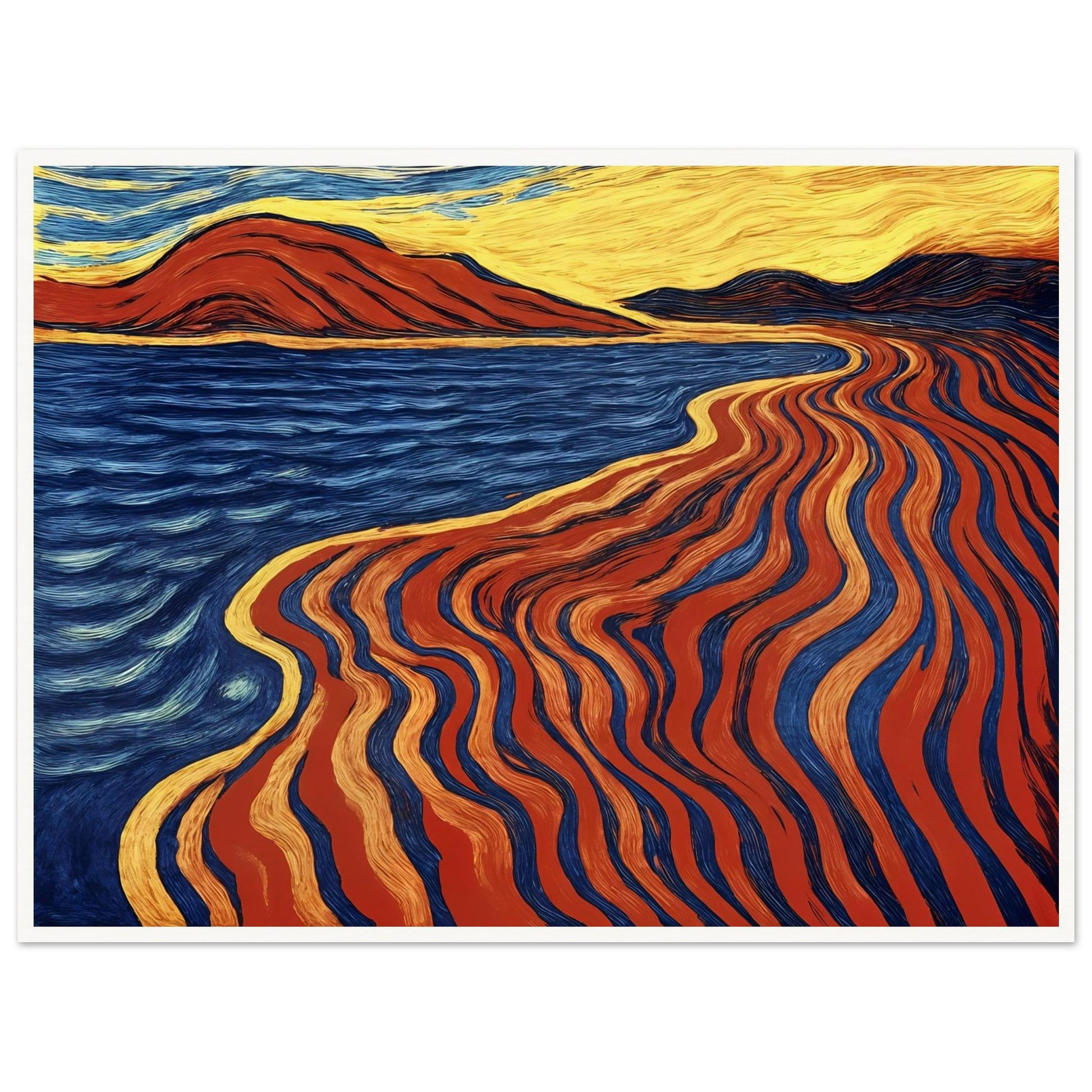 A bold coastal painting with flowing red, blue, and gold lines merging land and sea in a fiery, rhythmic motion.