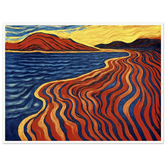 A bold coastal painting with flowing red, blue, and gold lines merging land and sea in a fiery, rhythmic motion.