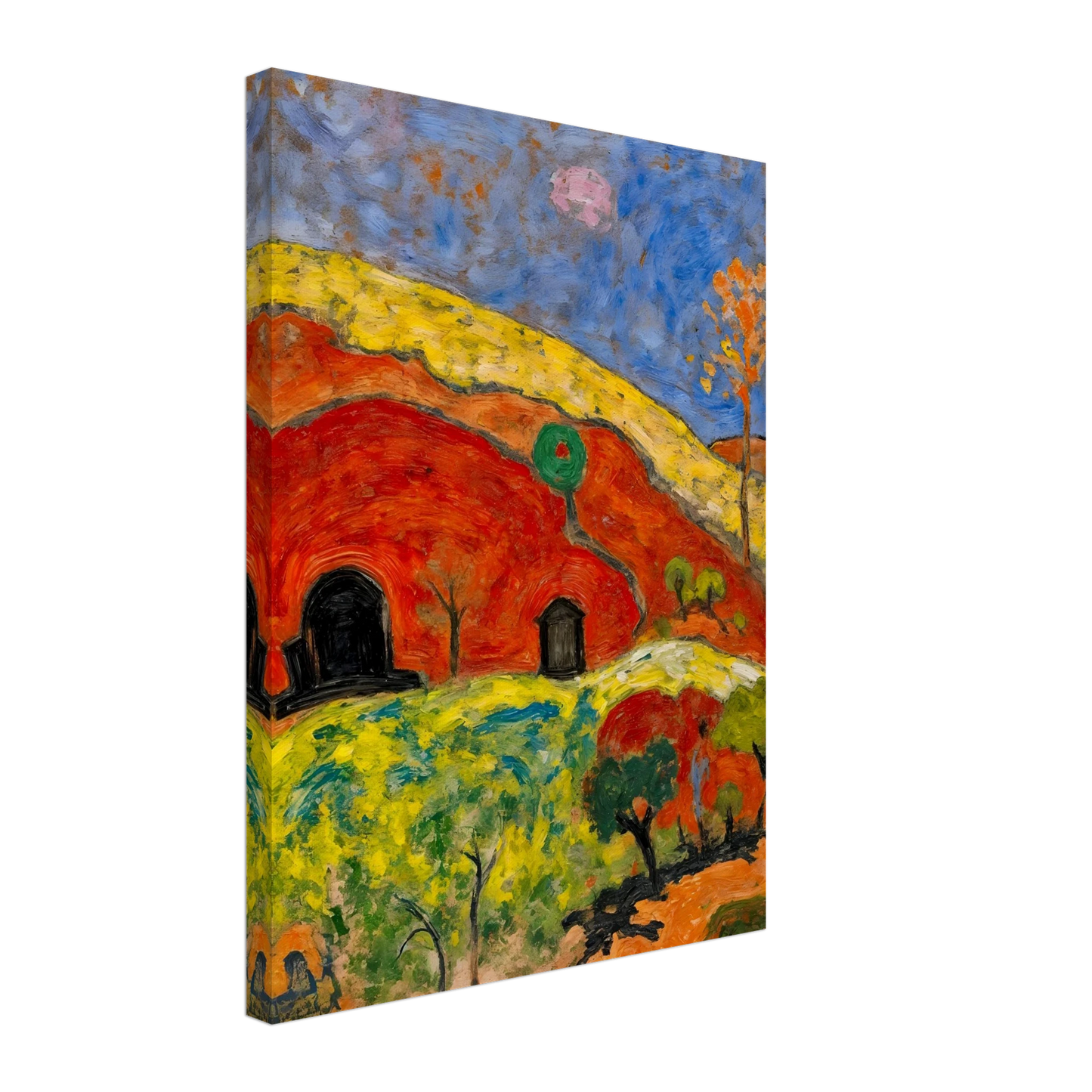 A vibrant expressionist landscape depicting red-orange hills with cave-like dwellings, scattered trees, rolling yellow-green fields, and a deep blue sky illuminated by a pale moon.