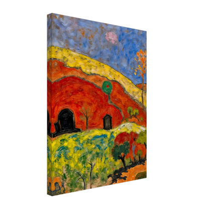 A vibrant expressionist landscape depicting red-orange hills with cave-like dwellings, scattered trees, rolling yellow-green fields, and a deep blue sky illuminated by a pale moon.