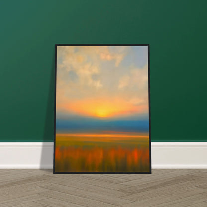 Golden sunset melts into blue horizon above blurred amber fields, creating a tranquil dreamscape of warmth and fading light.