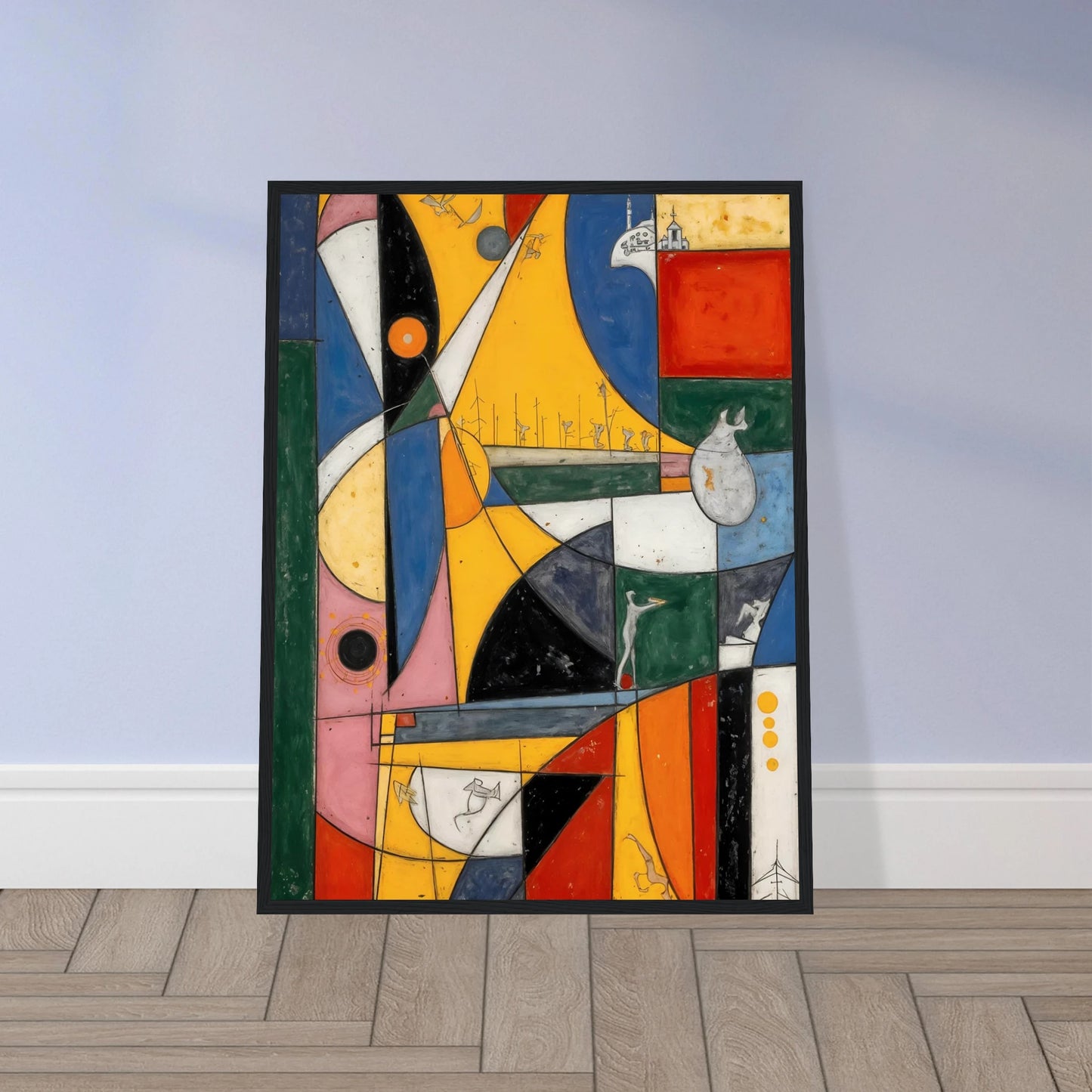 A vibrant cubist-style composition of bold yellow, blue, red, and green forms with playful symbols, layered shapes, and whimsical details.