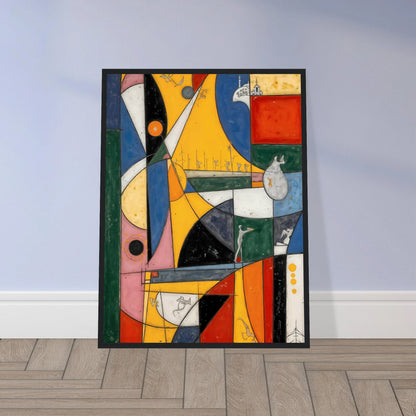 A vibrant cubist-style composition of bold yellow, blue, red, and green forms with playful symbols, layered shapes, and whimsical details.