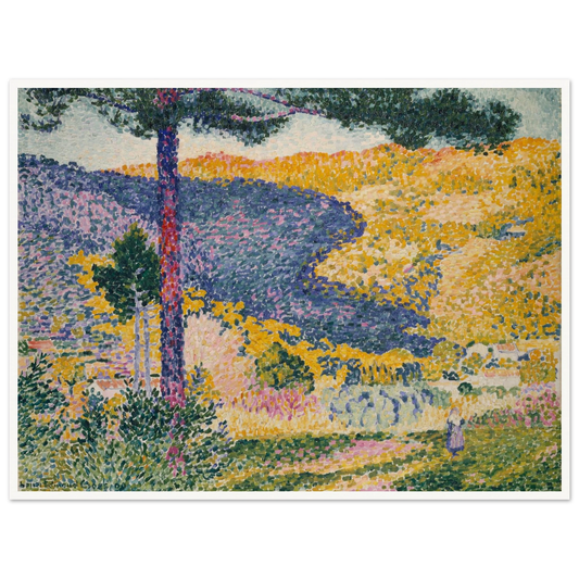 A bright pointillist Provence landscape with pine trees, yellow hills, and a small walking figure.