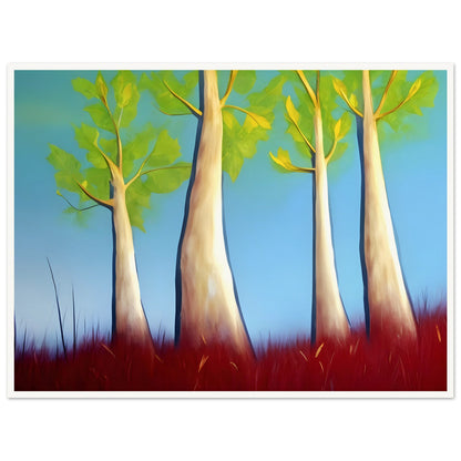 A surreal landscape with tall, slender trees reaching towards a bright blue sky, surrounded by deep red grass and vibrant green leaves.