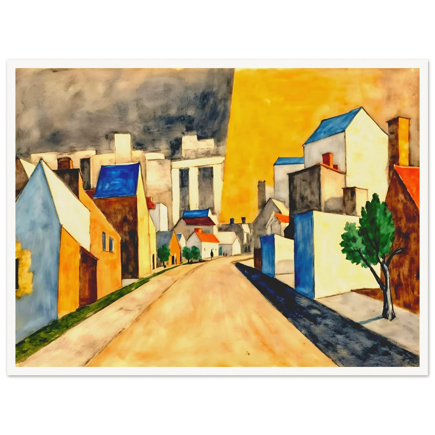 An expressionist townscape featuring a winding street lined with white and golden buildings, vivid blue rooftops, green trees, and a dramatic yellow sky contrasted by dark clouds.