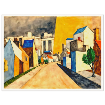 An expressionist townscape featuring a winding street lined with white and golden buildings, vivid blue rooftops, green trees, and a dramatic yellow sky contrasted by dark clouds.