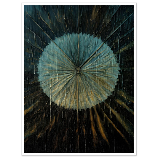 Teal and gold circular burst on textured black canvas with radiant streaks, evoking cosmic or natural energy.