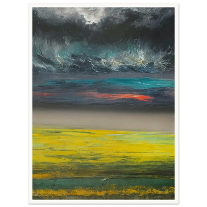 A dramatic landscape painting featuring a vibrant yellow field under a dark, stormy sky with a hint of sunset colors.