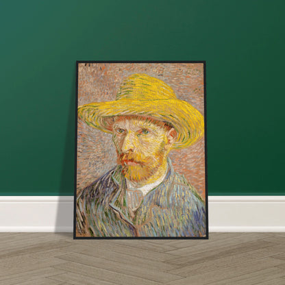 Van Gogh self-portrait in a yellow straw hat, blue jacket, and textured pastel strokes.