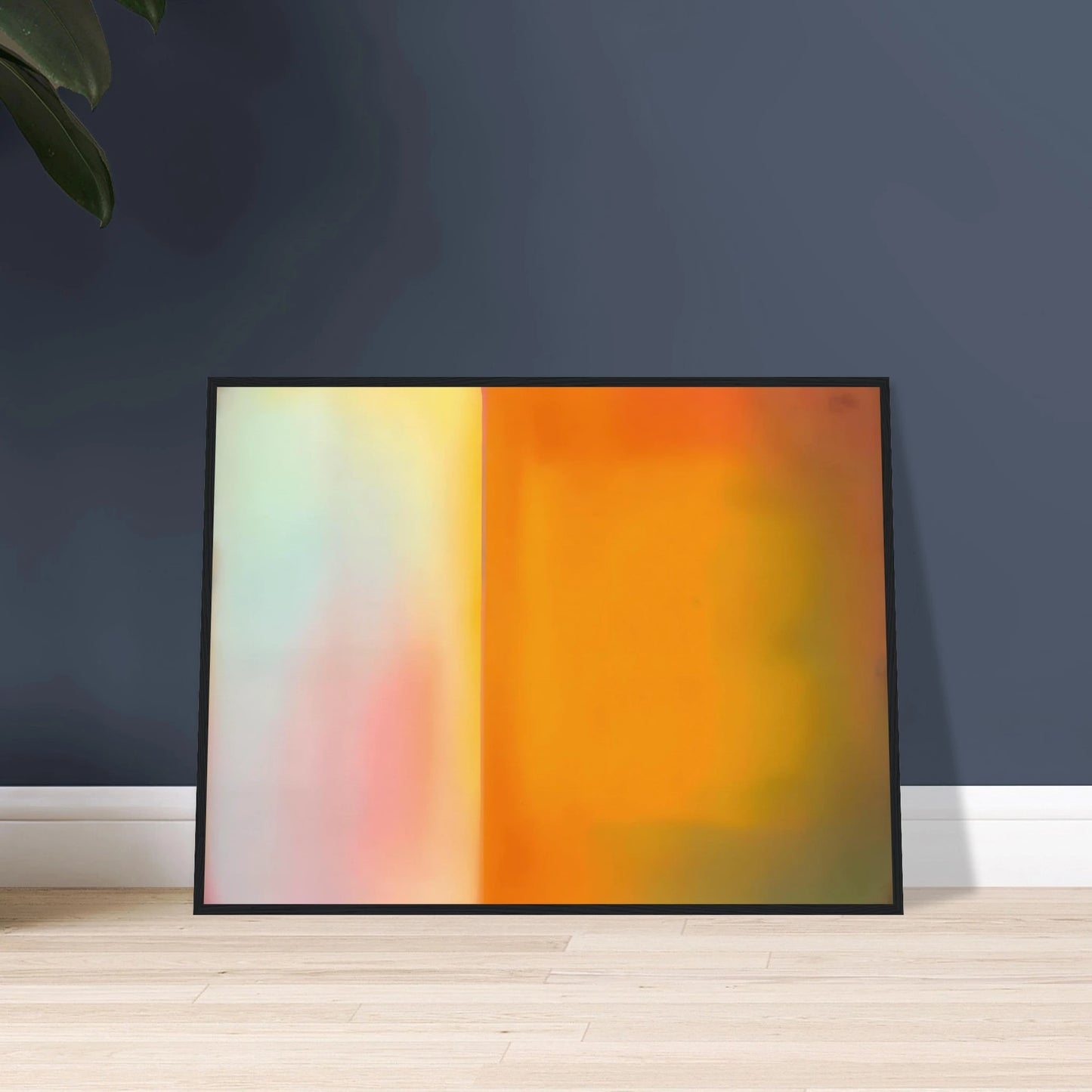 Soft luminous color field with glowing amber, pale blush, and misty light divided by a radiant vertical threshold.