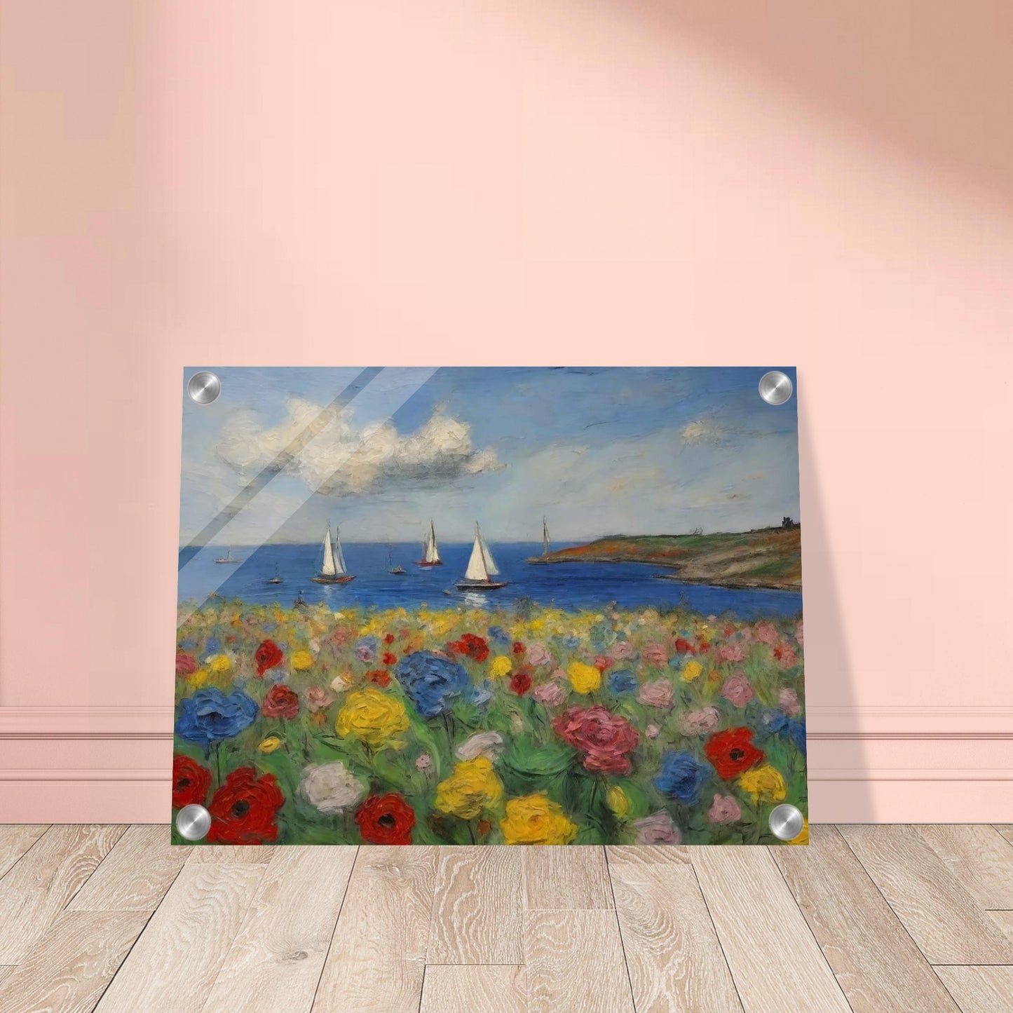 A vibrant painting of colorful flowers in the foreground with sailboats on the calm sea and a scenic coastline in the background.