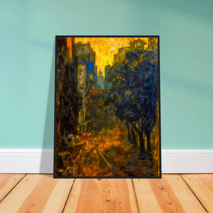 A dramatic expressionist cityscape depicting a narrow urban street framed by dark blue and black structures, illuminated by a glowing golden sky and fiery reflections along the ground.
