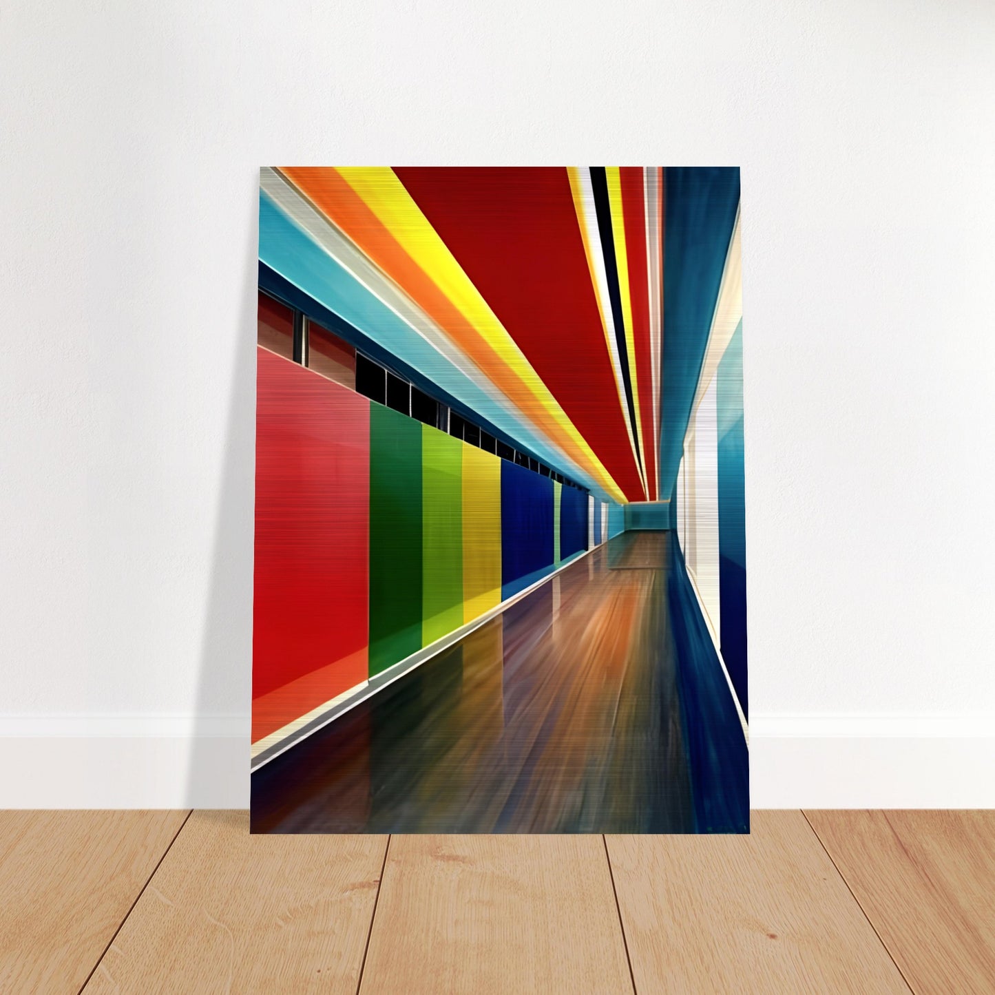 A dynamic corridor with bold, multicolored walls and ceiling, featuring deep reds, blues, yellows, and greens, creating a sense of depth and motion.