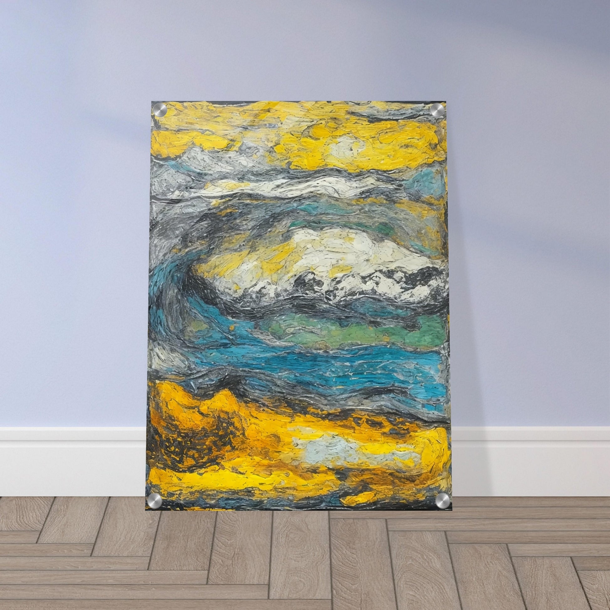 An expressive abstract painting capturing the essence of a stormy landscape with swirling colors and textures, predominantly in shades of yellow, blue, and gray. The dynamic movement and thick application of paint evoke a sense of turbulence and natural power.