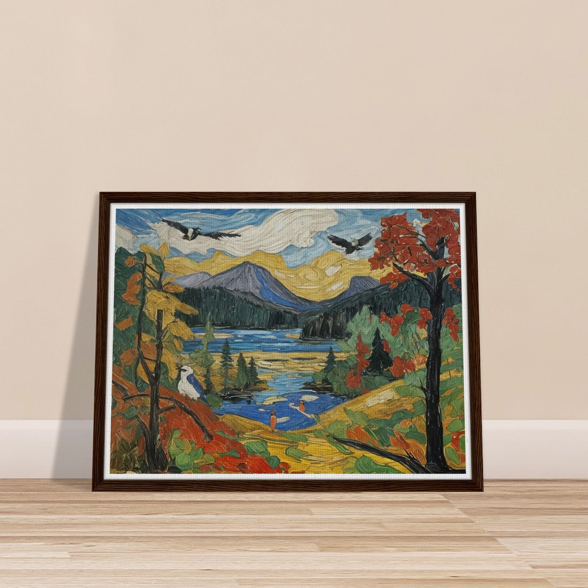 "A colorful autumn landscape featuring a mountain lake, vibrant trees, birds in flight, and a serene nature scene under a golden sky."