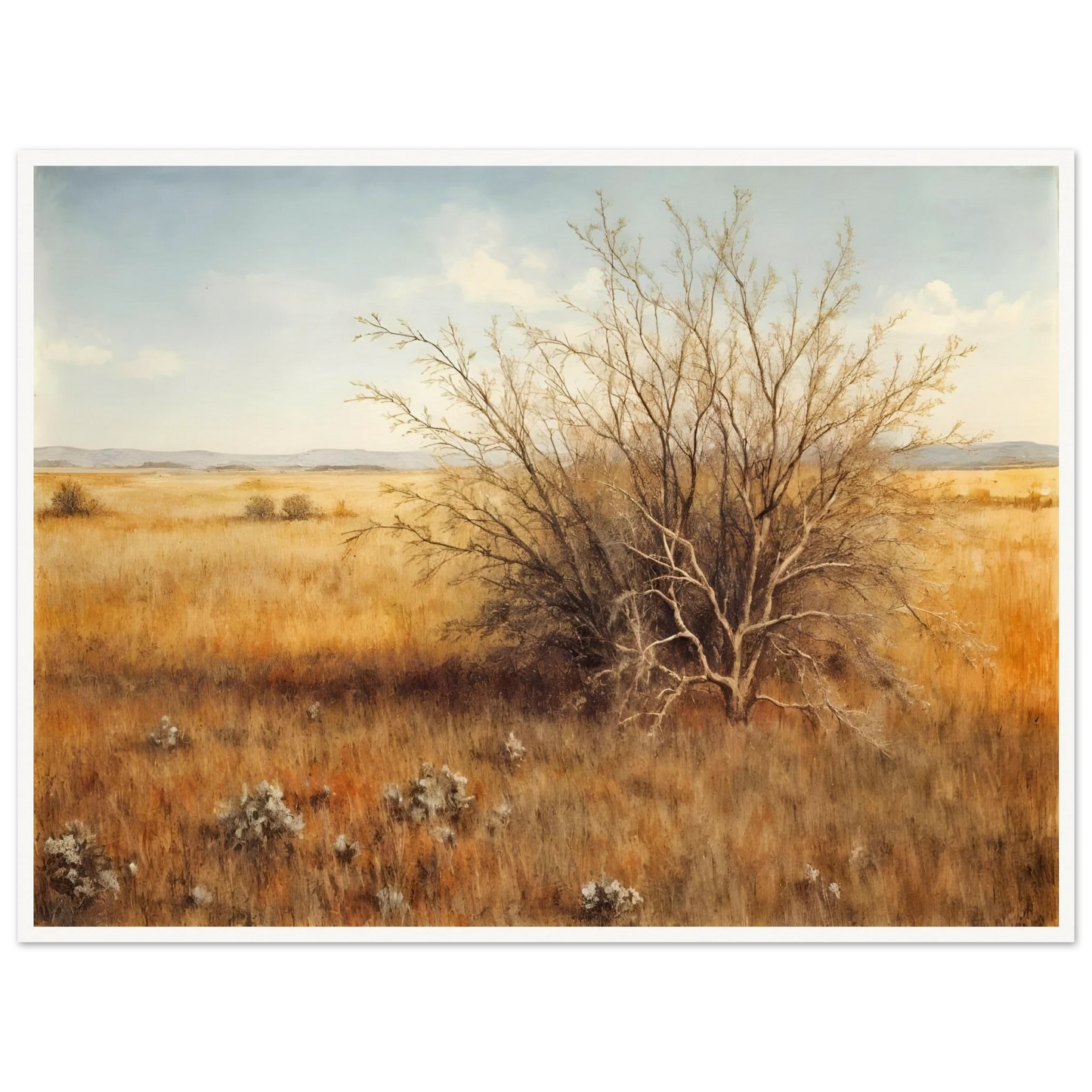 A golden-brown field stretches into the distance under a pale blue sky, with a single dry bush standing in quiet solitude.
