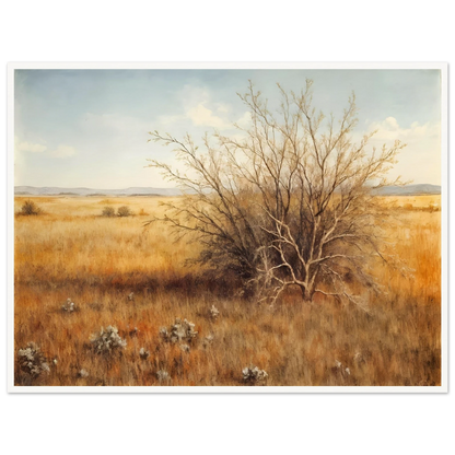 A golden-brown field stretches into the distance under a pale blue sky, with a single dry bush standing in quiet solitude.