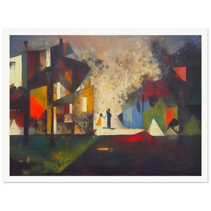 Abstract painting with silhouettes of two figures in a fragmented geometric cityscape, featuring vibrant hues of red, blue, and yellow.