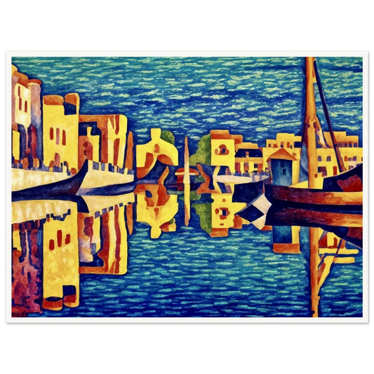 A vibrant depiction of a canal city with golden-hued buildings and gondolas reflecting in deep blue waters, creating a mesmerizing mirrored effect.