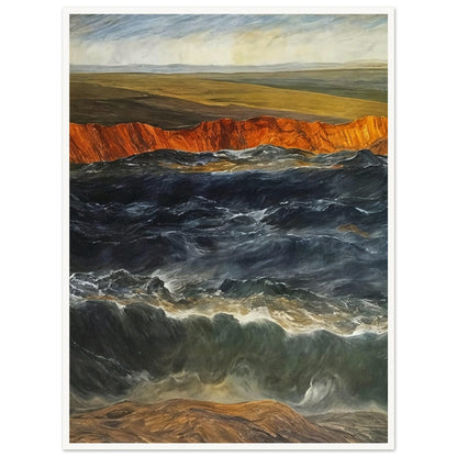 A powerful scene of crashing waves against a rocky coastline with orange cliffs and open fields in the background.