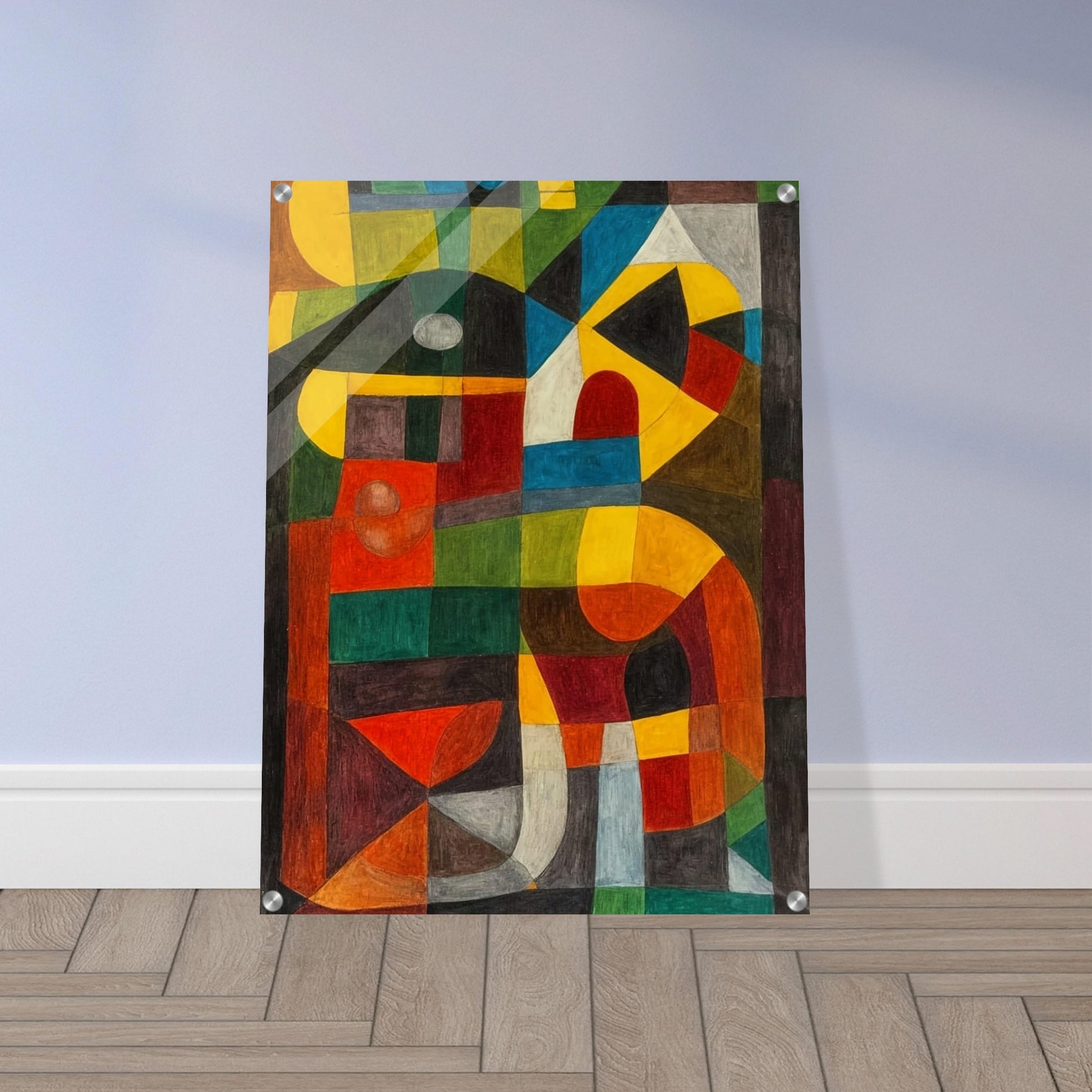 An abstract painting with bold geometric shapes and a mix of vibrant colors, creating a sense of dynamic symmetry.