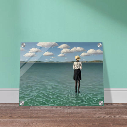 A painting of a woman standing alone in the middle of a calm, vast body of water under a blue sky with scattered clouds.