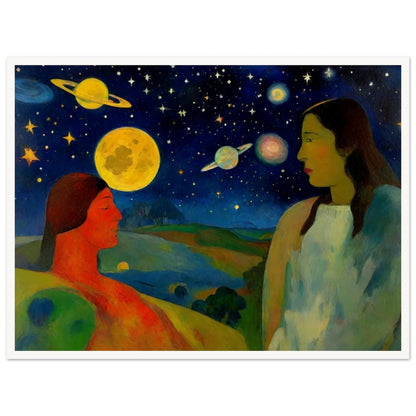 A vibrant scene of two people under a cosmic sky, featuring large planets and stars, set in an otherworldly landscape